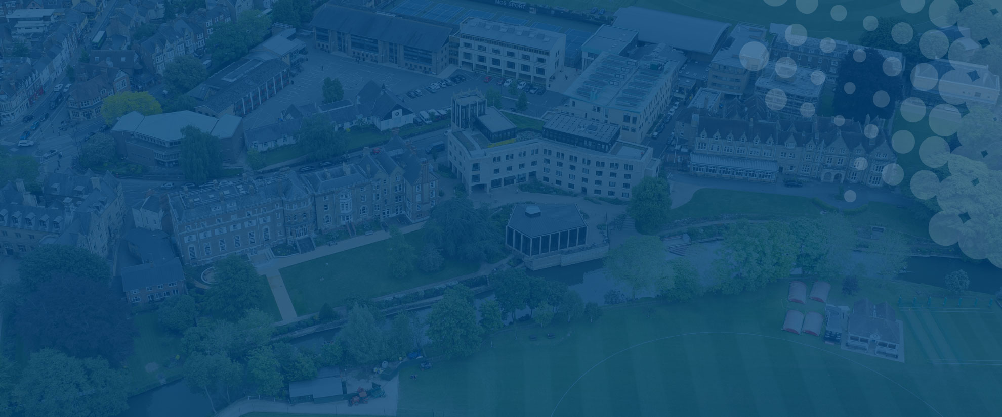 Aerial view of St Hilda's College, Oxford, with blue wash